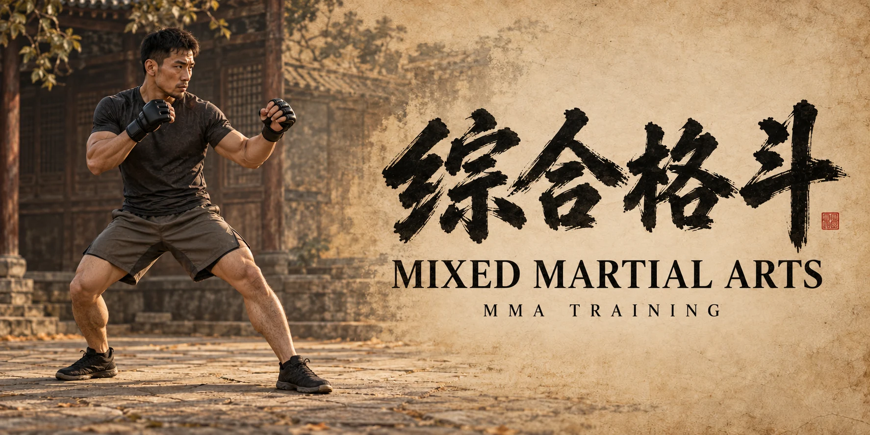 Original mixed martial arts illustration with fictional practitioners, Chinese ink calligraphy and English lettering on warm paper.